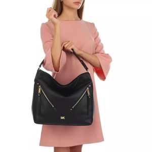 Michael Kors Evie Large Hobo Shoulder Pebbled Leather Bag Black